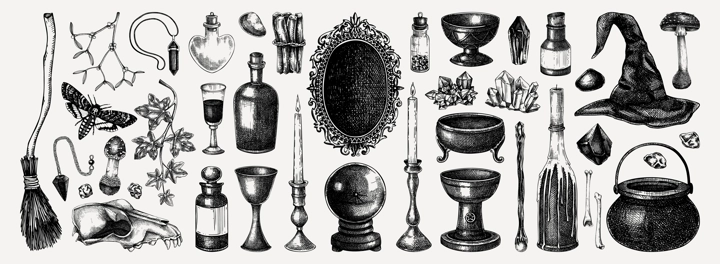 Witchcraft hand-drawn vector illustrations set. Halloween sketches. Vintage apothecary, occultism, alchemy design elements. NOT AI generated